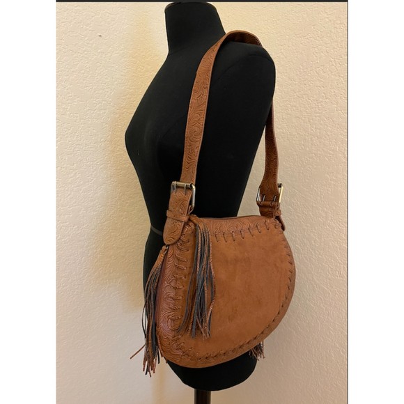 NEW - Western Saddle Shoulder Bag -Fringe -Tooled- Faux Leather/Suede - Picture 1 of 13